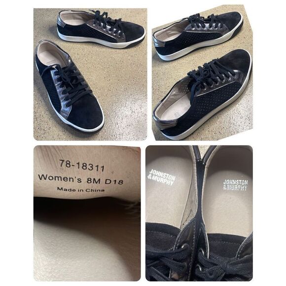 Johnston & Murphy Emerson Perforated Lace Up Black Suede & Metallic Trim Sneaker - Picture 1 of 12